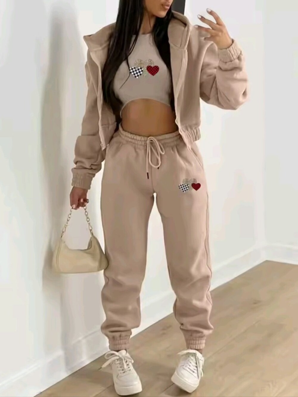 Women's New Fleece Heart Shaped Print Sports And Leisure Three Piece Suit